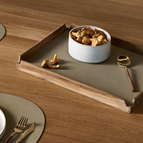 Teak tray - dienblad met lederen inleg