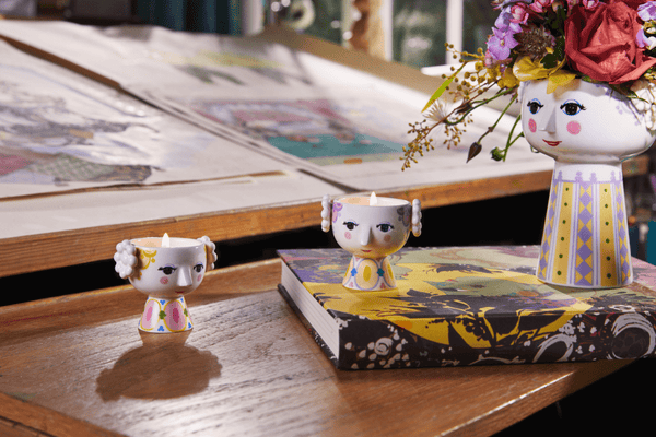 Theelichthouders/eierdopjes Eva - set van 2 - lila/geel