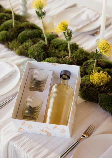 Giftset - waterfles met 2 glazen - kleurrijk geribbeld