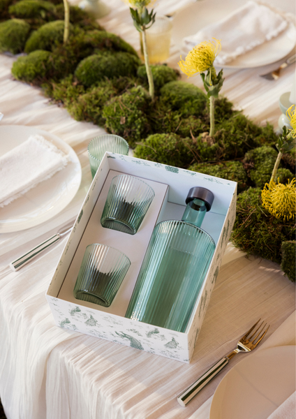 Giftset - waterfles met 2 glazen - kleurrijk geribbeld