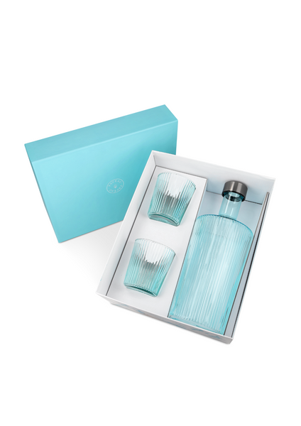 Giftset - waterfles met 2 glazen - kleurrijk geribbeld
