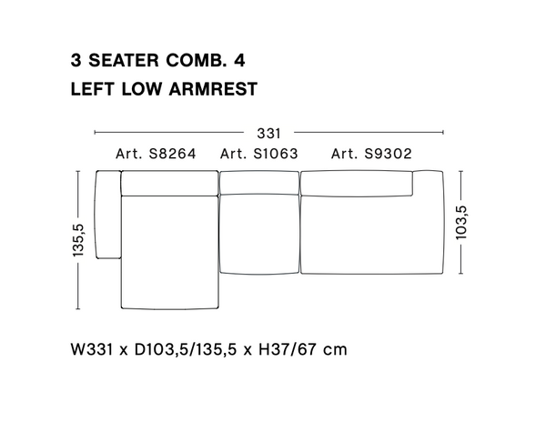 Sofa mags soft, low armrest - 3 seater combination 4, stof Linara 443