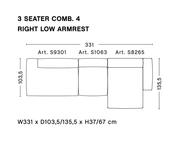 Sofa mags soft, low armrest - 3 seater combination 4, stof Linara 443