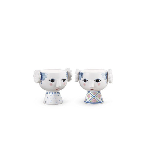 Theelichthouders/eierdopjes Eva - set van 2 - blauw/roze